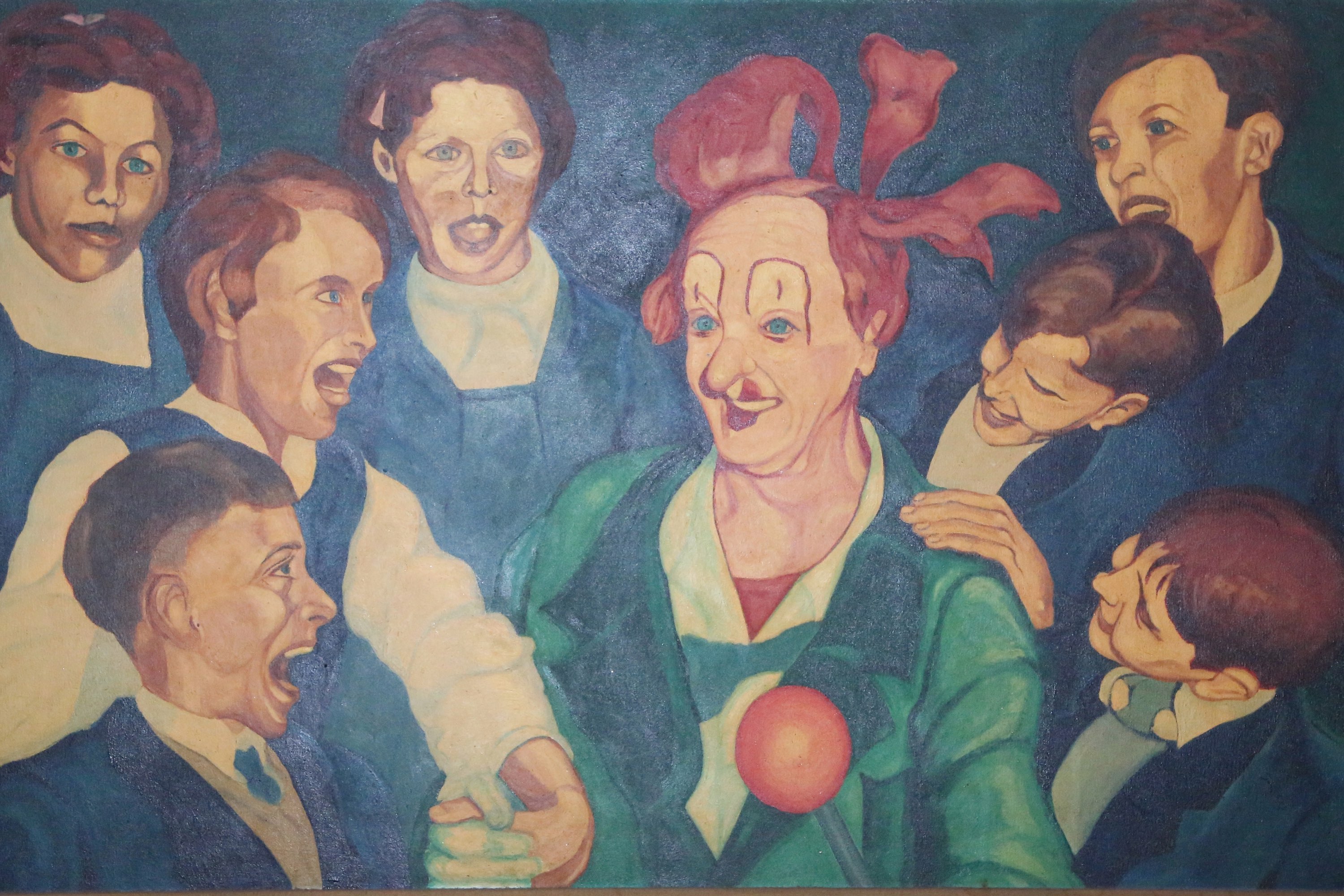 A vintage painting of a smiling clown surrounded by a lively crowd of men in suits